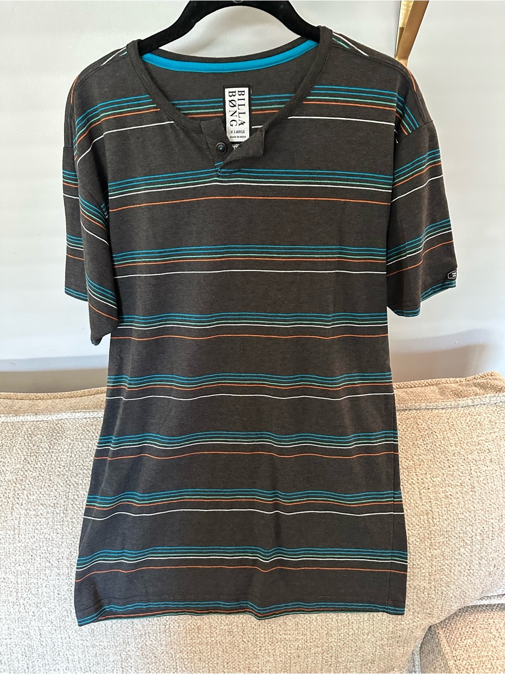 Billabong Men's Dark Gray Short Sleeve Henley with Teal & Tan Stripes